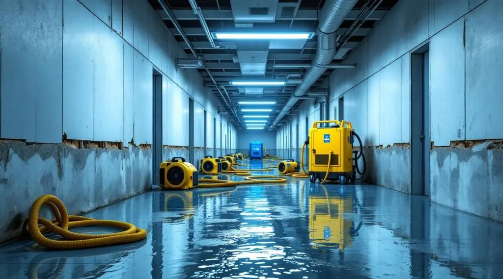 Industrial water extraction equipment and high-capacity air movers deployed in a large Las Vegas commercial lobby.