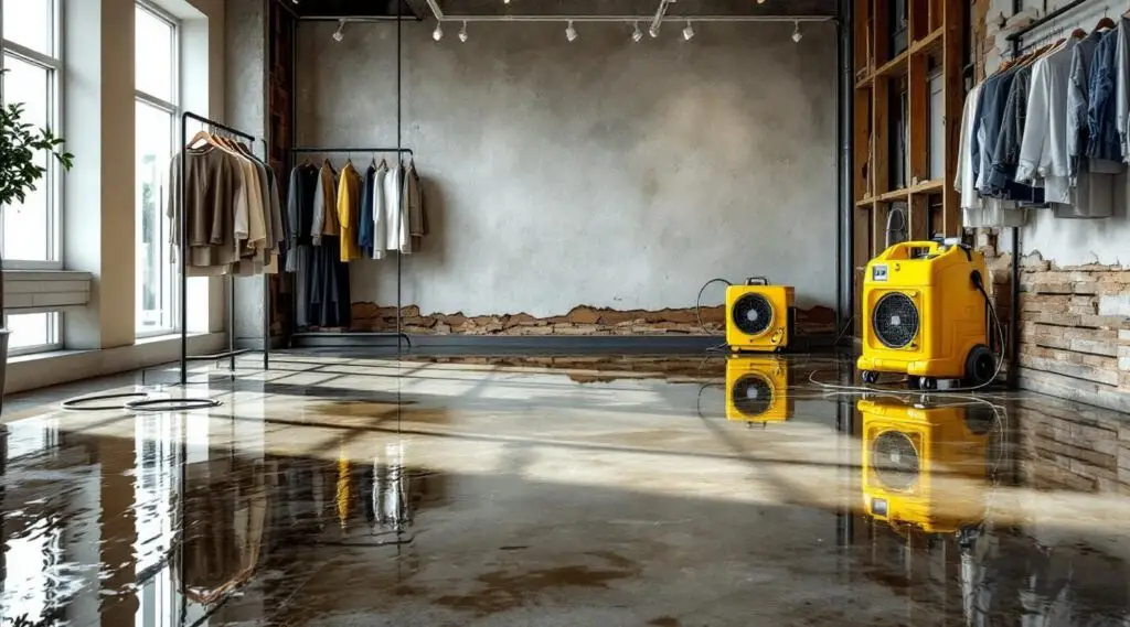 Professional water extraction and drying equipment inside a flooded Las Vegas retail store with technicians working.