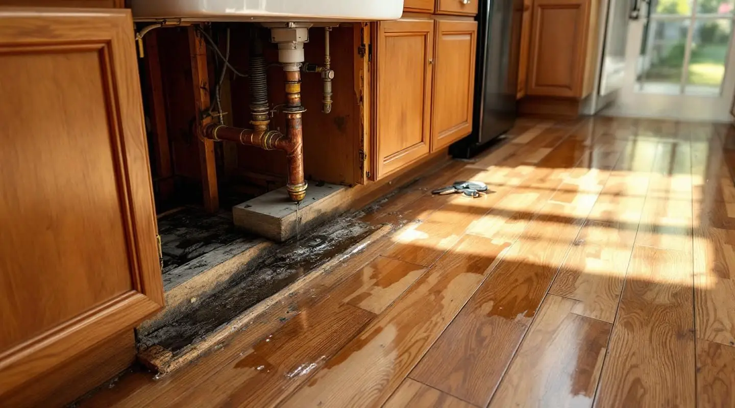A professional technician using a moisture meter behind a kitchen island in a Las Vegas home, detecting hidden leaks.