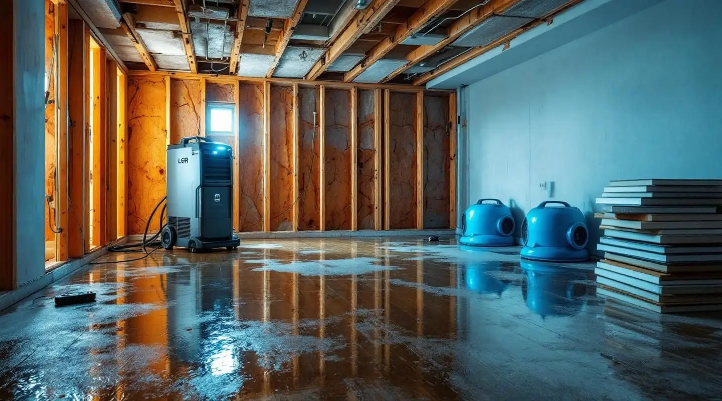 Restoration technician performing emergency water extraction on a soaked residential carpet in a Las Vegas home, cinematic lighting.