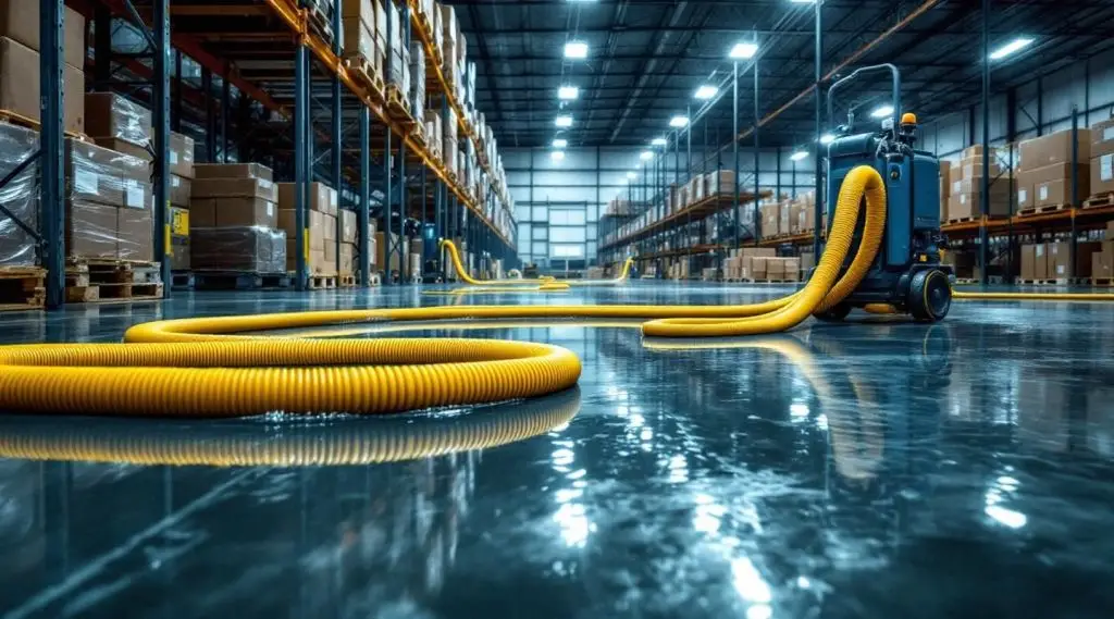 Commercial restoration team operating high-capacity water extraction equipment on a flooded warehouse floor in Las Vegas.