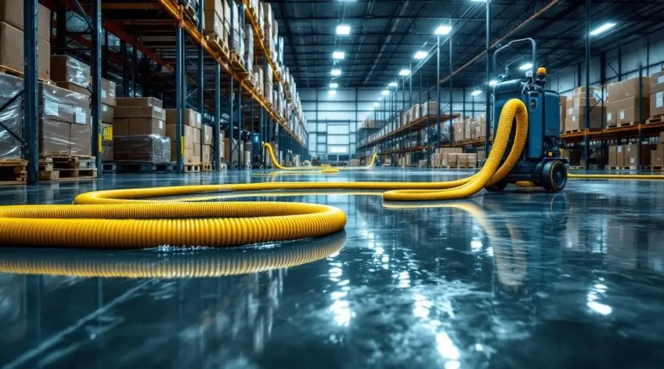 Commercial restoration team operating high-capacity water extraction equipment on a flooded warehouse floor in Las Vegas.