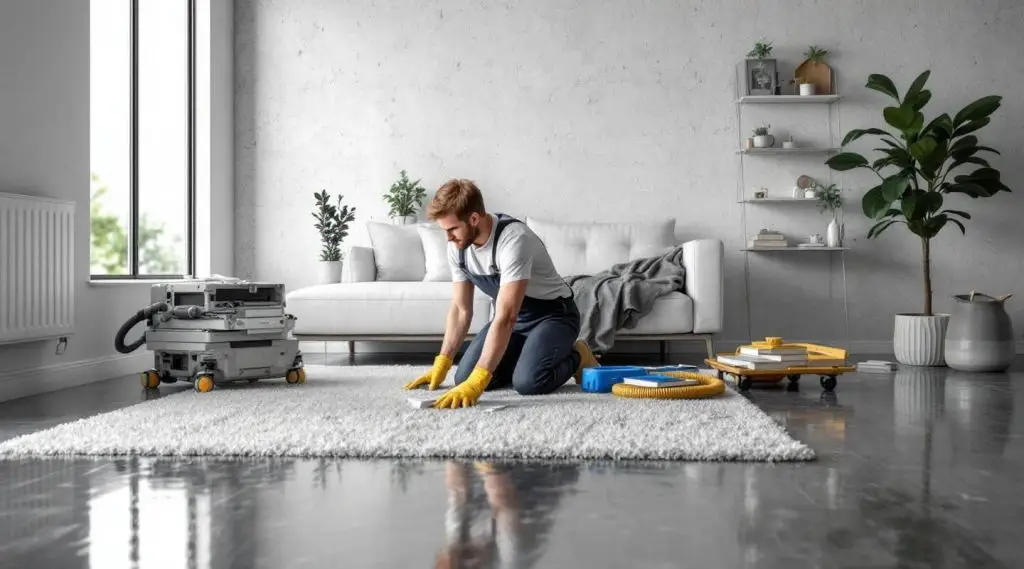 Professional restoration crew drying a flooded living room in Las Vegas.