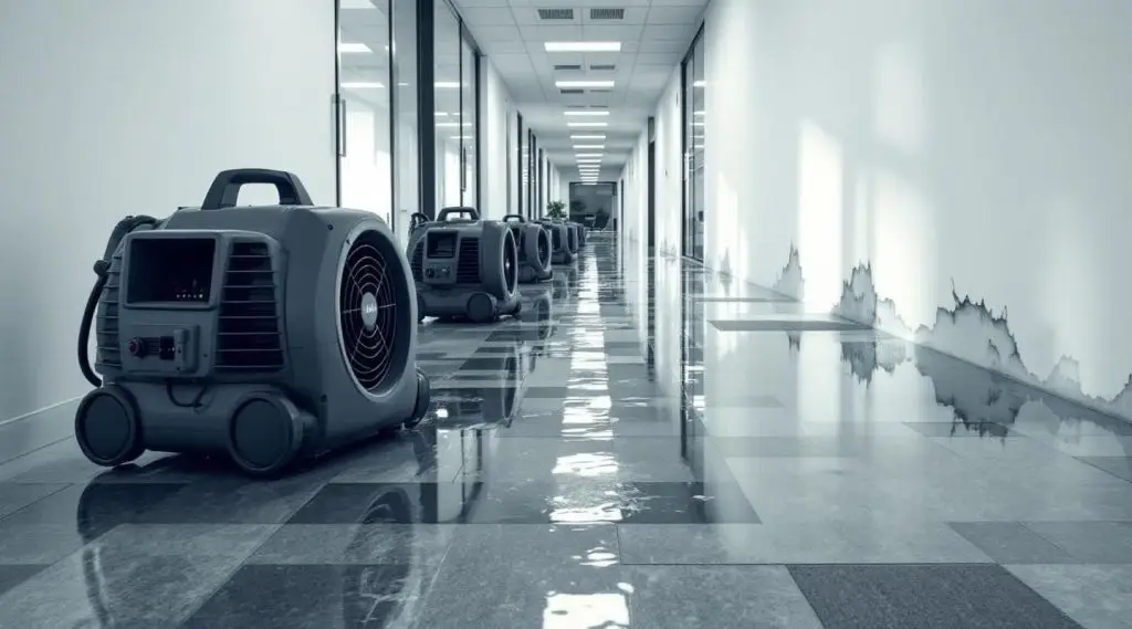 Professional restoration crew using industrial dehumidifiers in a flooded Las Vegas office lobby with moisture mapping tools.