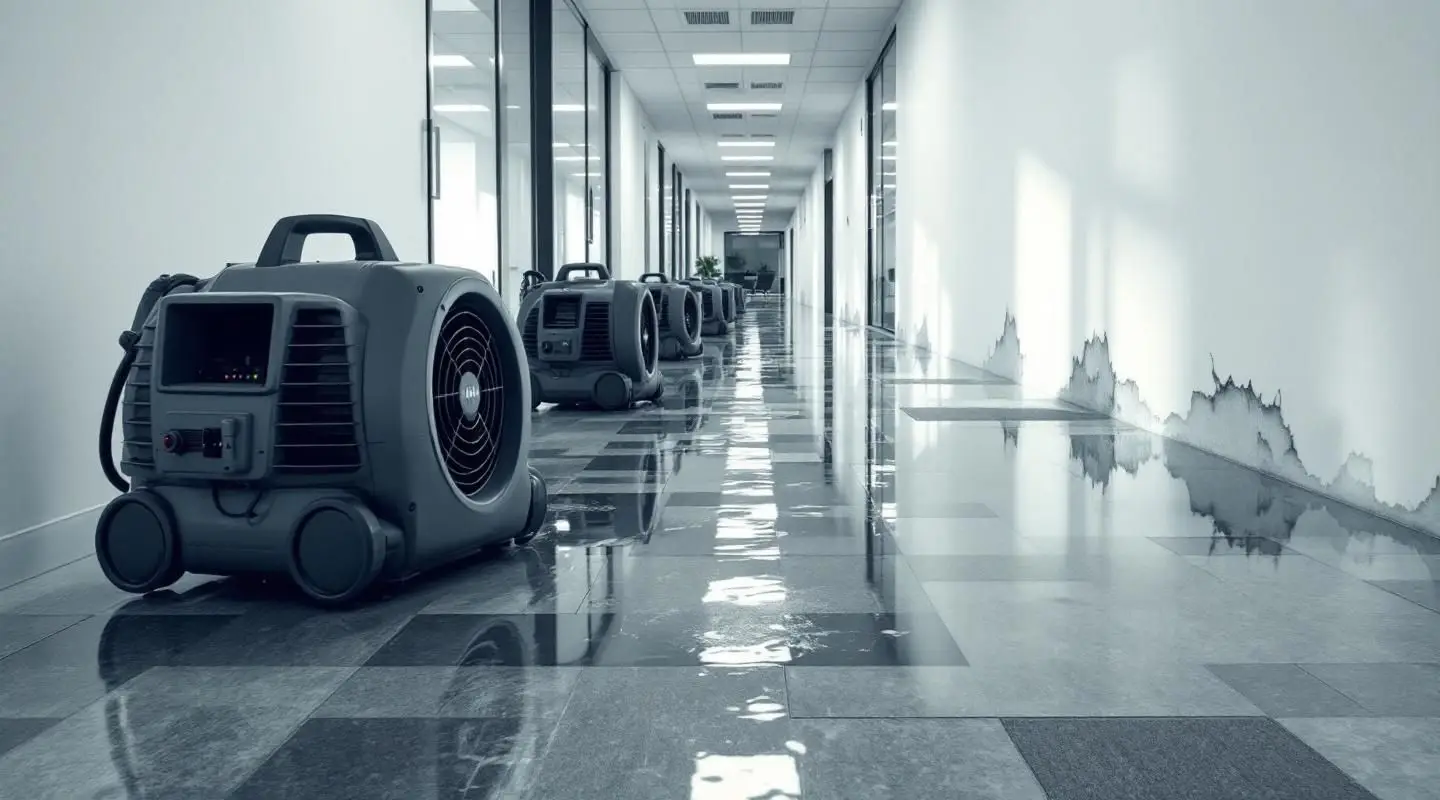 Professional restoration crew using industrial dehumidifiers in a flooded Las Vegas office lobby with moisture mapping tools.