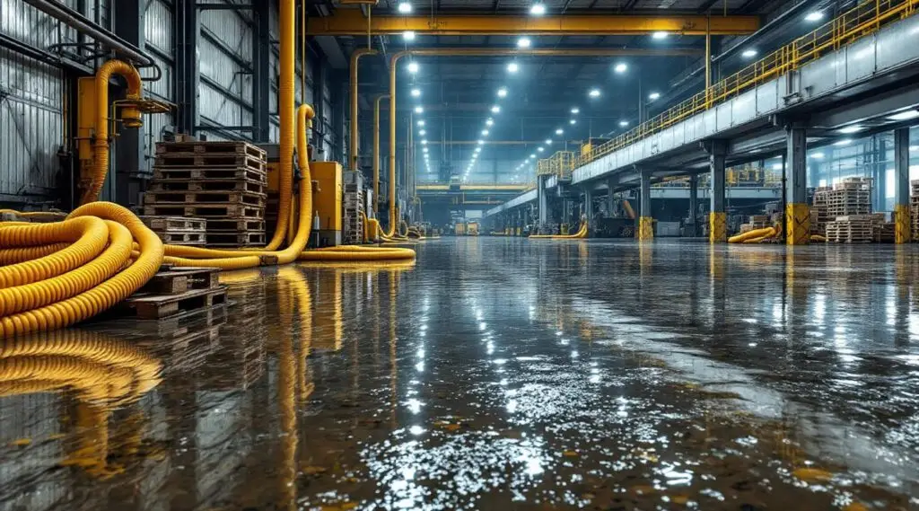 Industrial flood cleanup crew using high-capacity truck-mounted extractors in a Las Vegas distribution center warehouse.