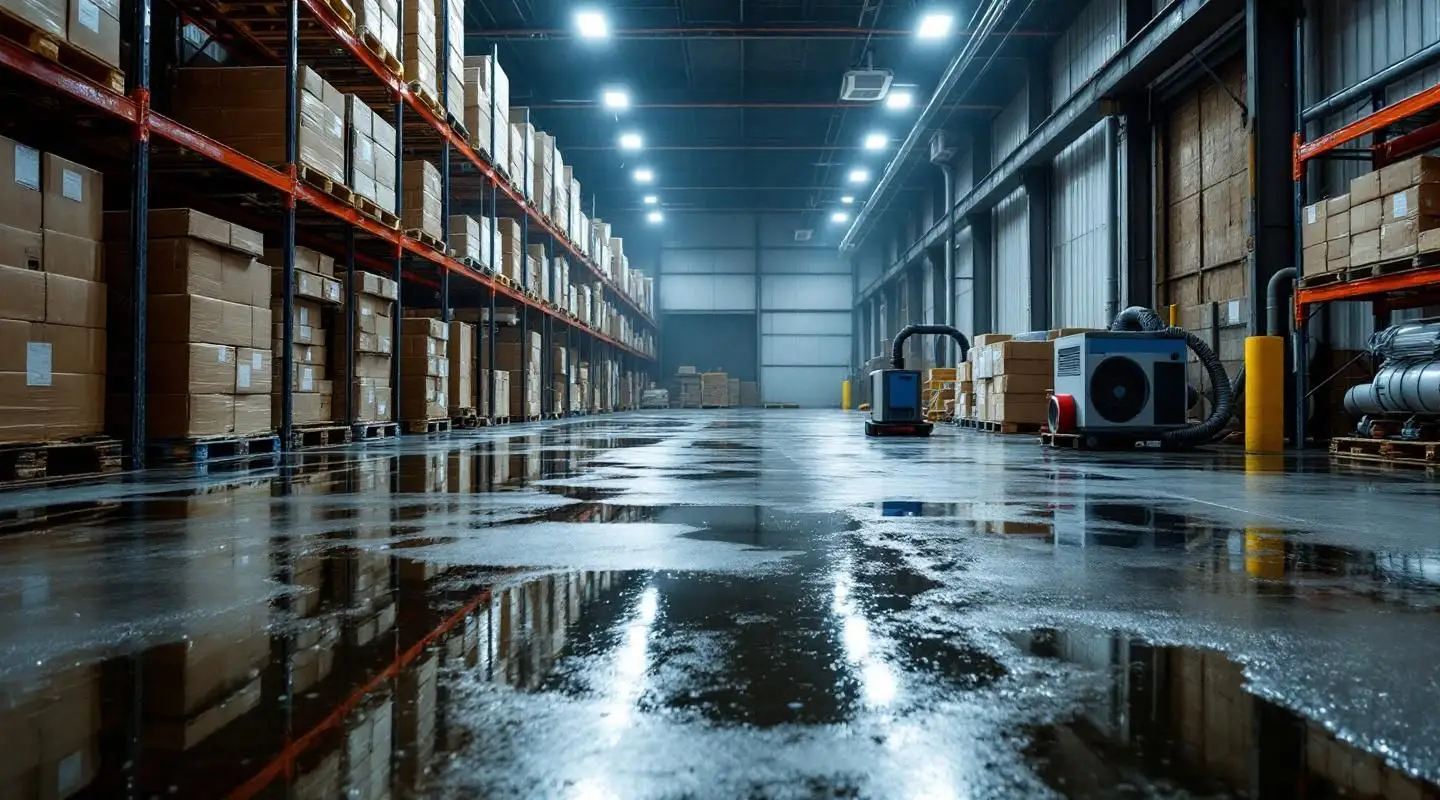 Restoration technicians operating industrial water extraction equipment and high-capacity air movers in a Las Vegas warehouse.